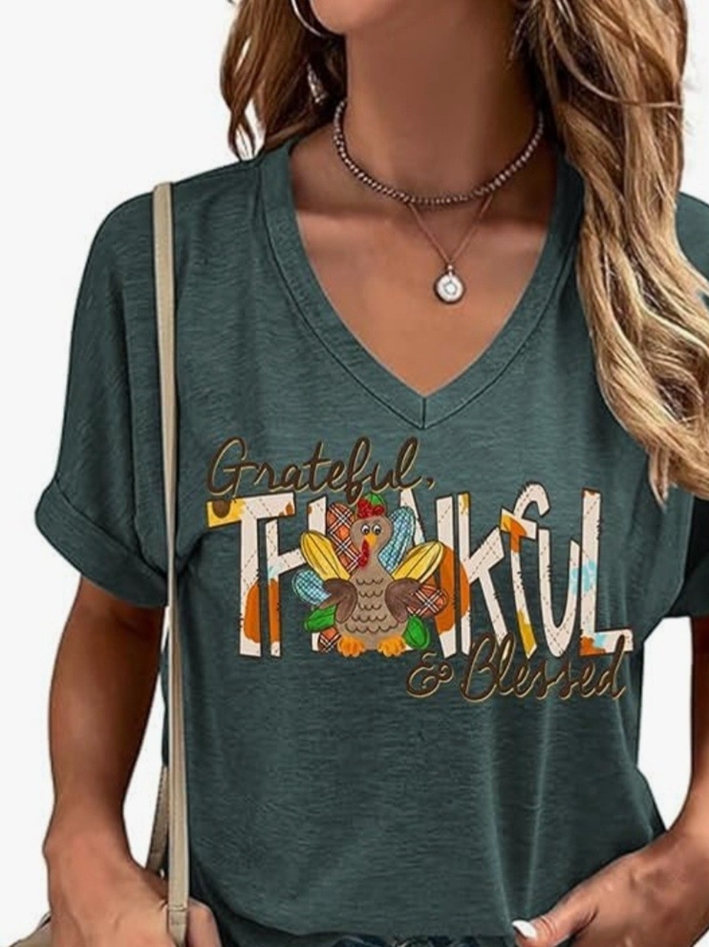 XXL- Grateful Thankful & Blessed V-Neck Tee - Green